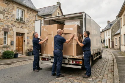 Équipe de déménageurs professionnels chargeant un camion dans une rue résidentielle de Besançon, Doubs