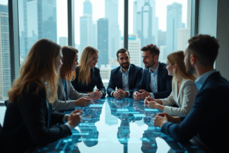 Groupe de professionnels autour d'un bureau futuriste en intérieur moderne