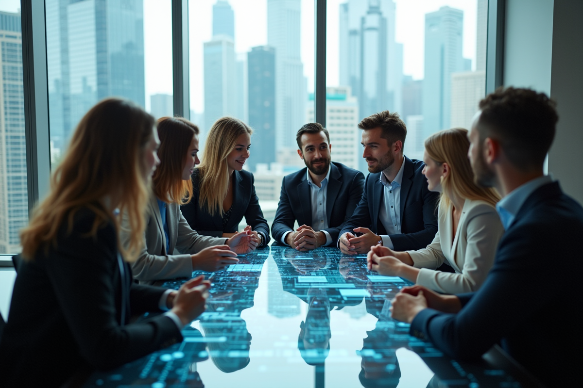 Groupe de professionnels autour d'un bureau futuriste en intérieur moderne