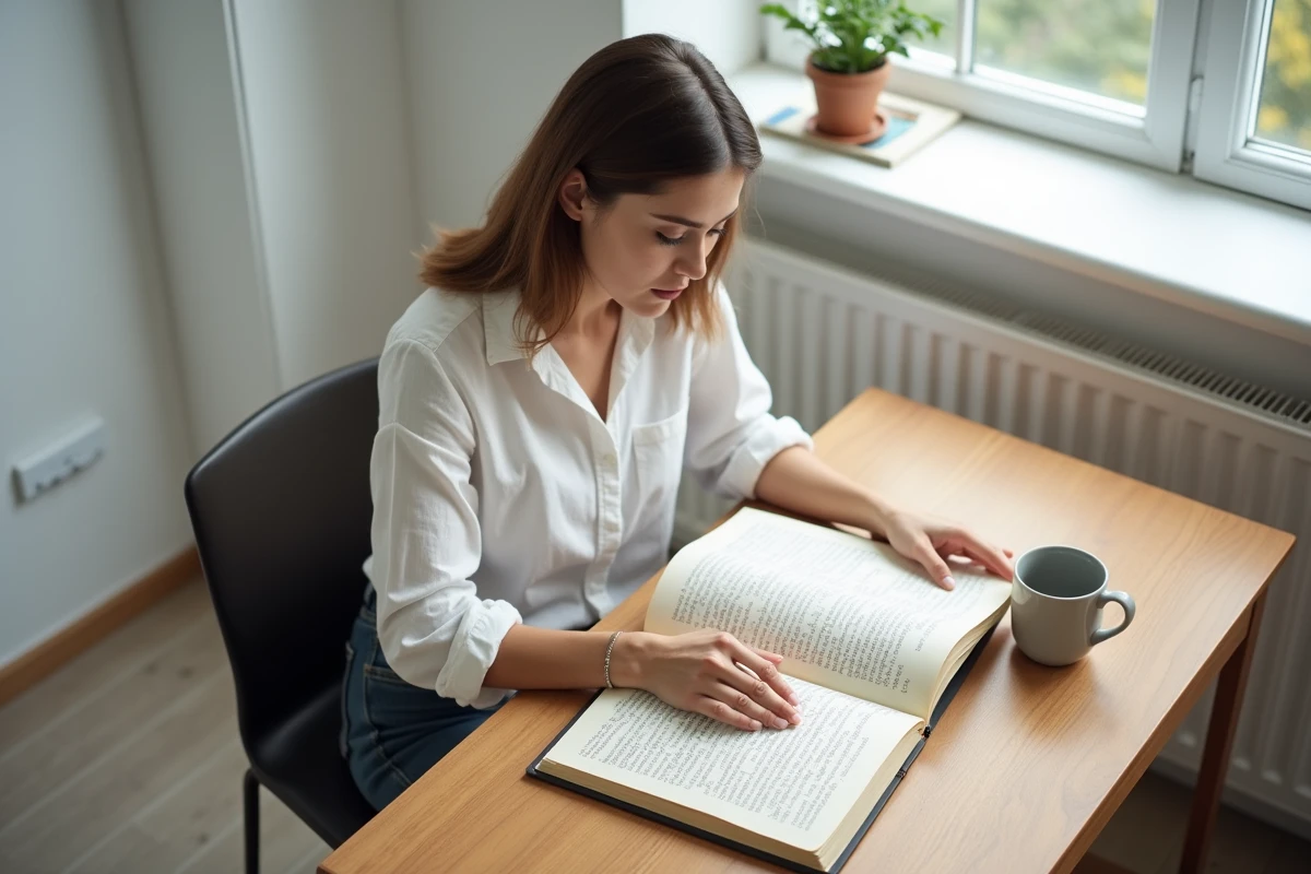 Jeune femme étudiant l'étymologie et la définition du mot paradigmatique dans un dictionnaire ouvert