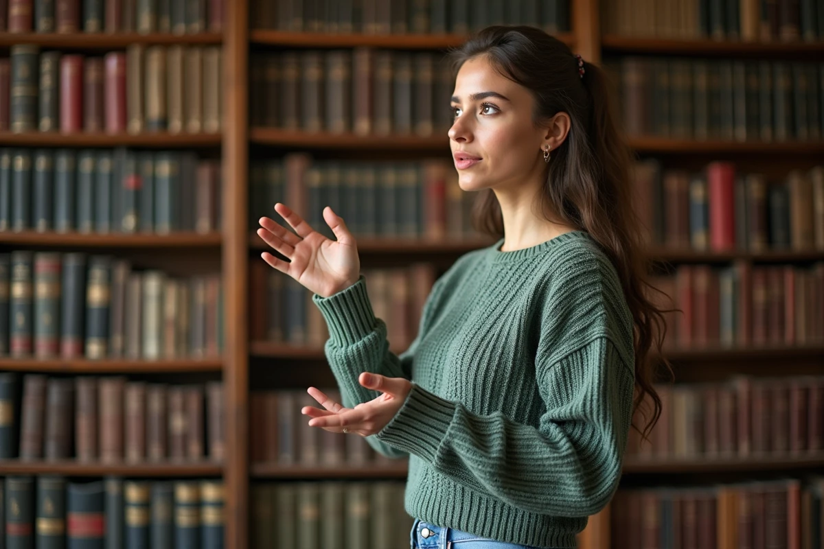 Étudiante expliquant le mythe de Prométhée devant une bibliothèque de littérature classique
