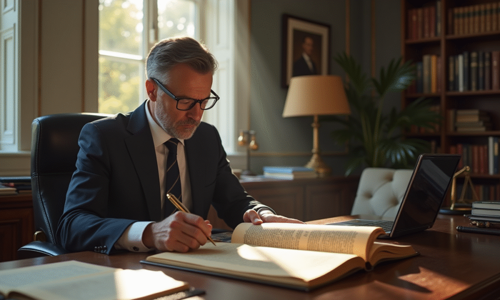 Expert en droit français lisant le Code civil dans un bureau moderne