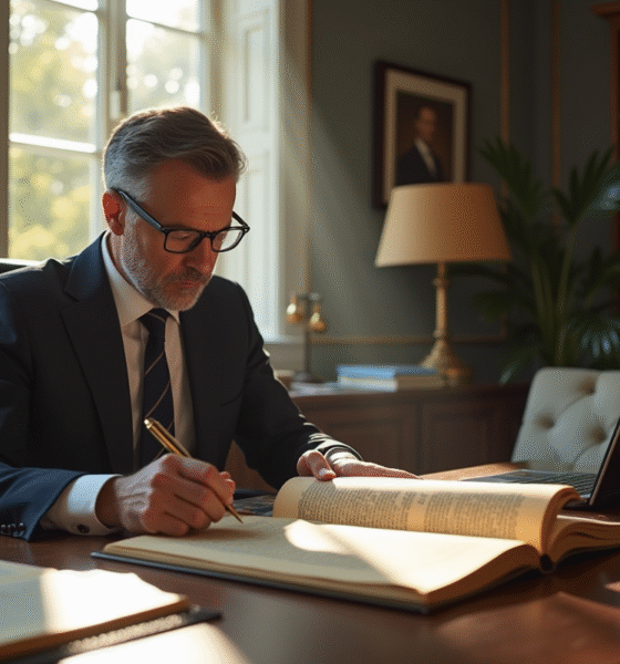 Expert en droit français lisant le Code civil dans un bureau moderne