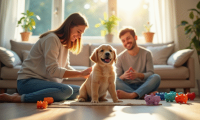 Famille heureuse enseignant un chiot golden retriever dans un salon lumineux