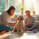 Famille heureuse enseignant un chiot golden retriever dans un salon lumineux