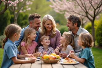 Famille multigenerational dans un jardin au printemps