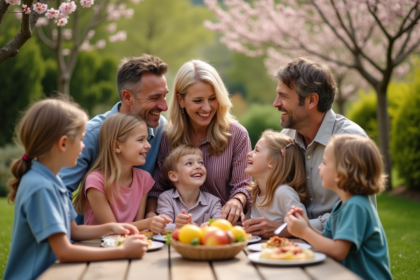Famille multigenerational dans un jardin au printemps