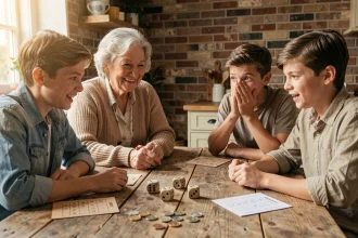 Famille multigénérationnelle jouant au 421 autour d'une table en bois rustique avec des dés et des mises en pièces de monnaie