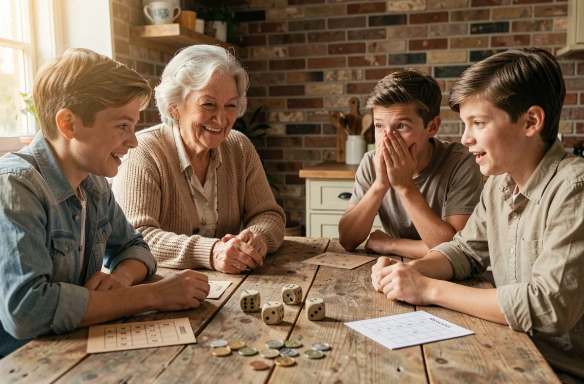 Famille multigénérationnelle jouant au 421 autour d'une table en bois rustique avec des dés et des mises en pièces de monnaie