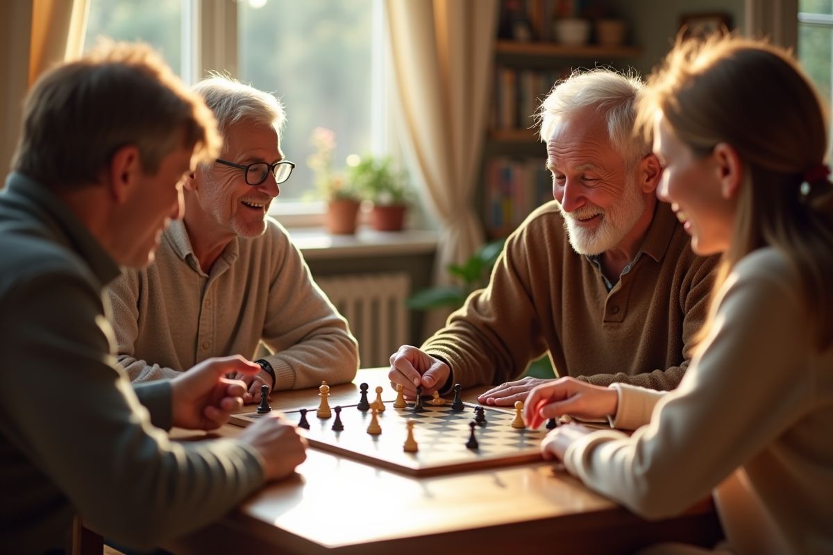 Famille multigenerational jouant à un jeu de société lumineux