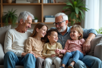 Famille multigeneration souriante dans un salon moderne