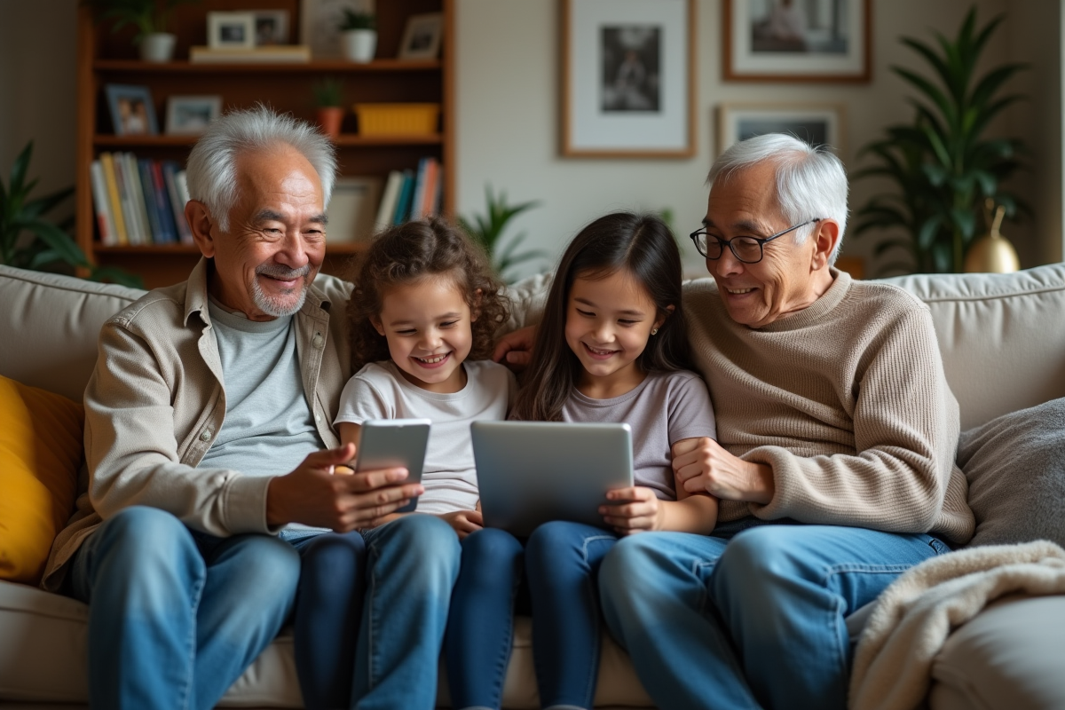Famille multigenerale utilisant des appareils numériques à la maison