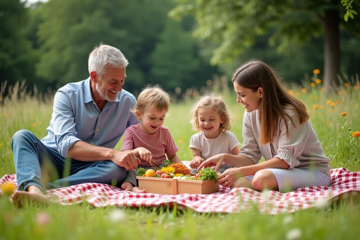 Famille profitant d un pique nique végétal dans un parc urbain