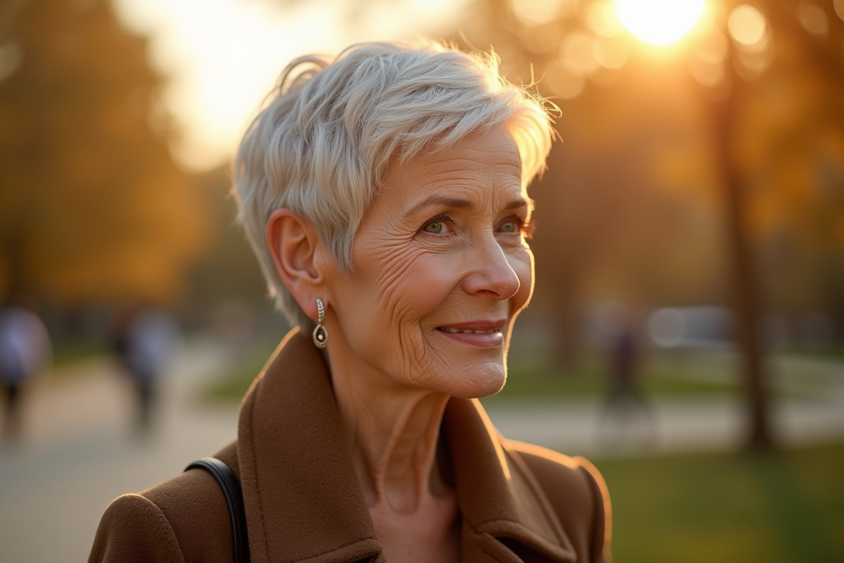 Femme élégante de 70 ans en extérieur au coucher du soleil