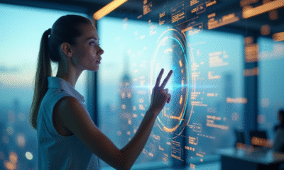 Femme d'affaires analysant des graphiques holographiques modernes