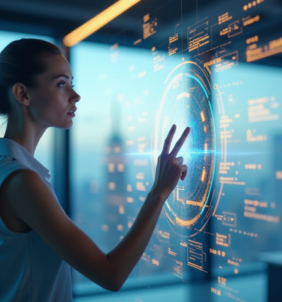 Femme d'affaires analysant des graphiques holographiques modernes