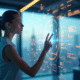 Femme d'affaires analysant des graphiques holographiques modernes