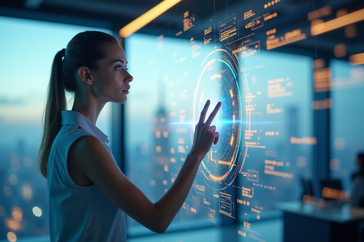 Femme d'affaires analysant des graphiques holographiques modernes