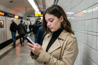 Jeune femme consultant une application de carte du métro de Paris sur son smartphone dans une station de métro parisienne