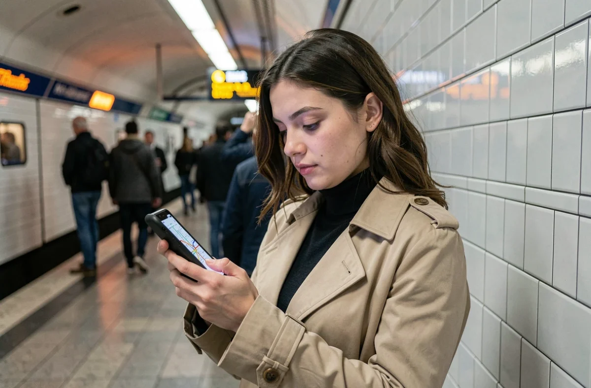 Jeune femme consultant une application de carte du métro de Paris sur son smartphone dans une station de métro parisienne