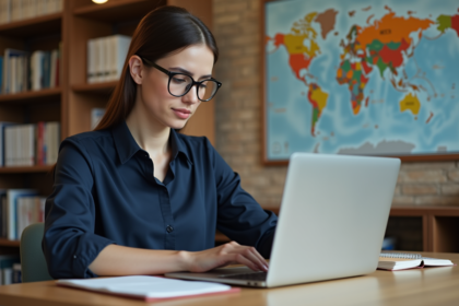 Jeune femme au bureau avec ordinateur et cartes du monde