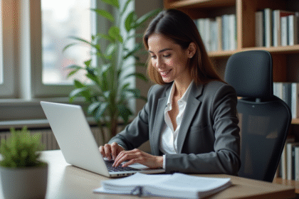 Jeune femme confiante au bureau à domicile pour l'article