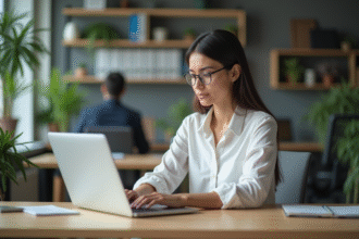 Jeune femme concentrée travaillant sur son ordinateur au bureau