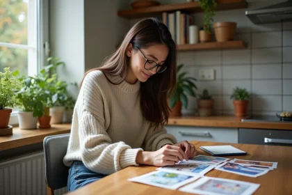 Jeune femme arrangeant des cartes colorées dans la cuisine