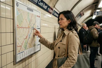 Femme consultant le plan de la ligne métro 9 affiché dans une station parisienne pour optimiser son trajet