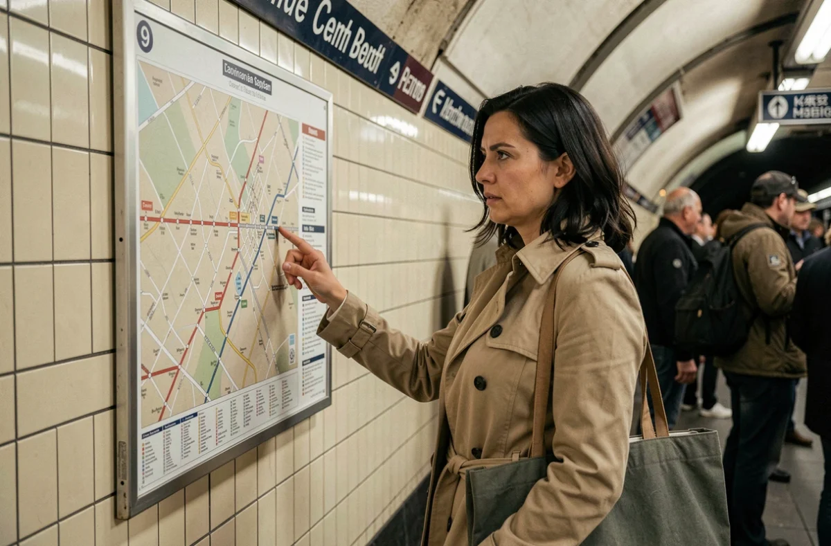 Femme consultant le plan de la ligne métro 9 affiché dans une station parisienne pour optimiser son trajet