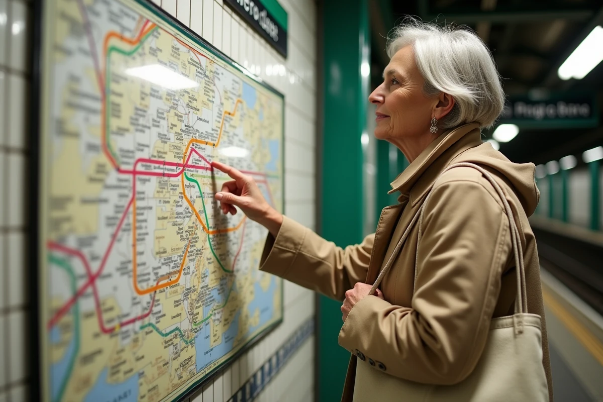 Femme consultant le plan de la ligne 6 du métro de Paris affiché sur le mur d'une station