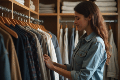 Femme américaine choisissant un vêtement dans un dressing organisé