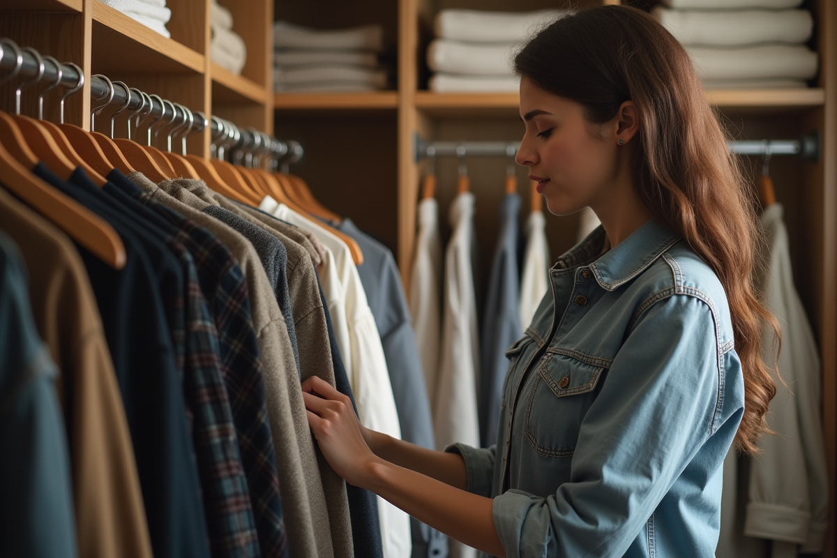 Femme américaine choisissant un vêtement dans un dressing organisé