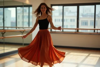 Femme épanouie dansant librement dans un studio de danse, reprenant confiance en elle sur la piste