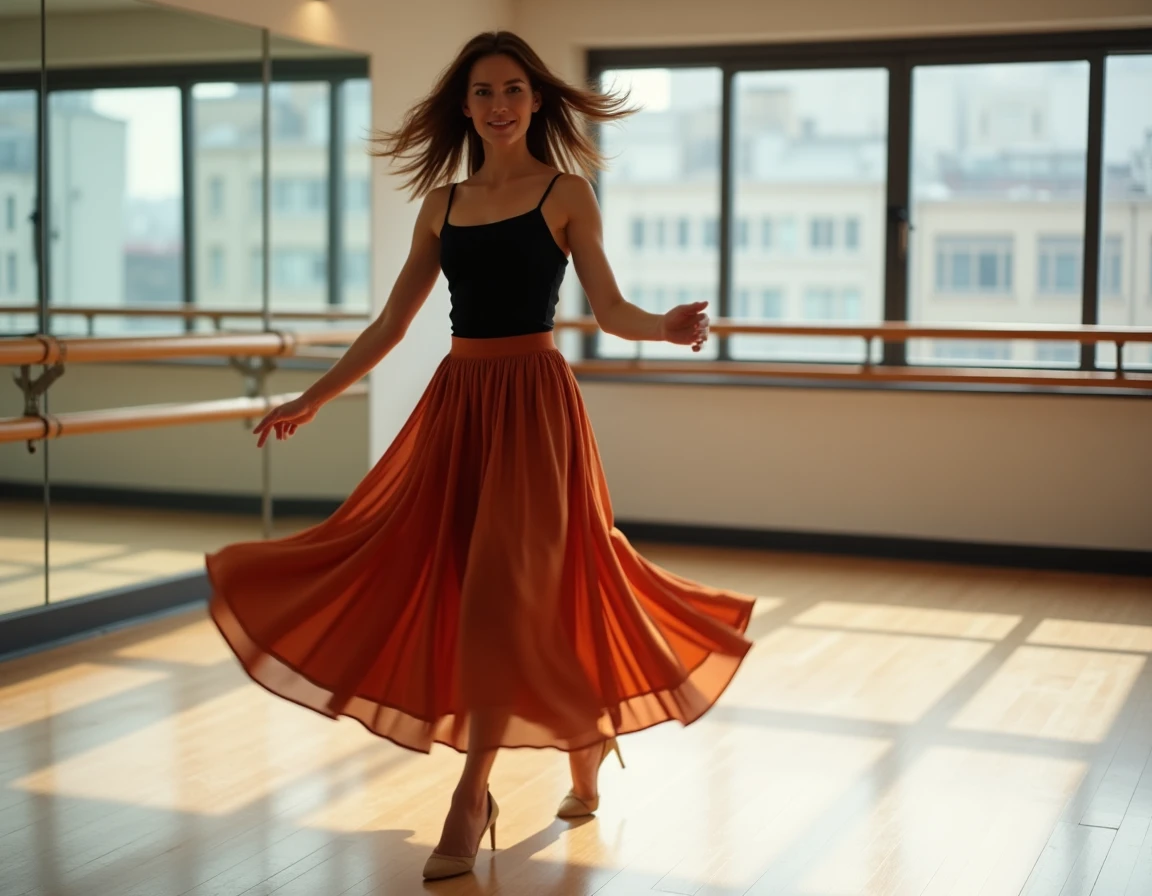 Femme épanouie dansant librement dans un studio de danse, reprenant confiance en elle sur la piste