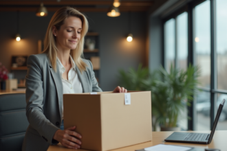 Femme rangeant ses affaires dans un bureau moderne en France