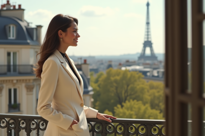 Femme élégante en tailleur crème sur un balcon parisien