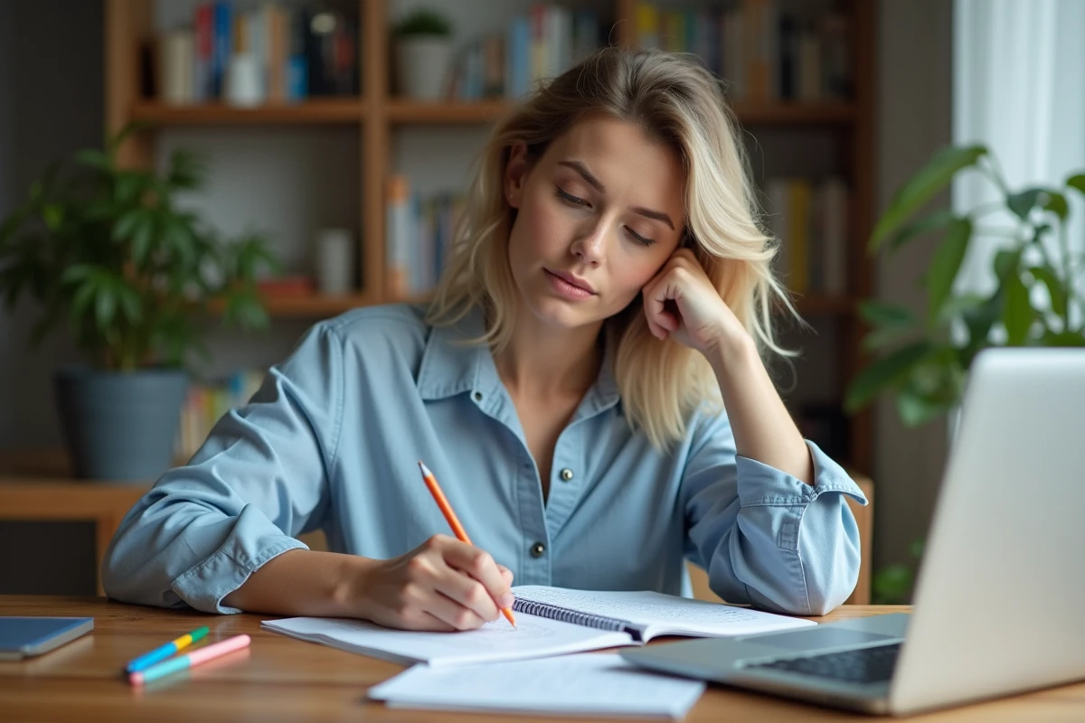 Femme concentrée écrivant dans un cahier de mots croises