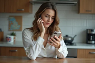 Jeune femme française au bureau à domicile avec téléphone