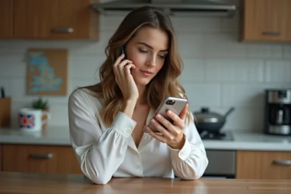Jeune femme française au bureau à domicile avec téléphone