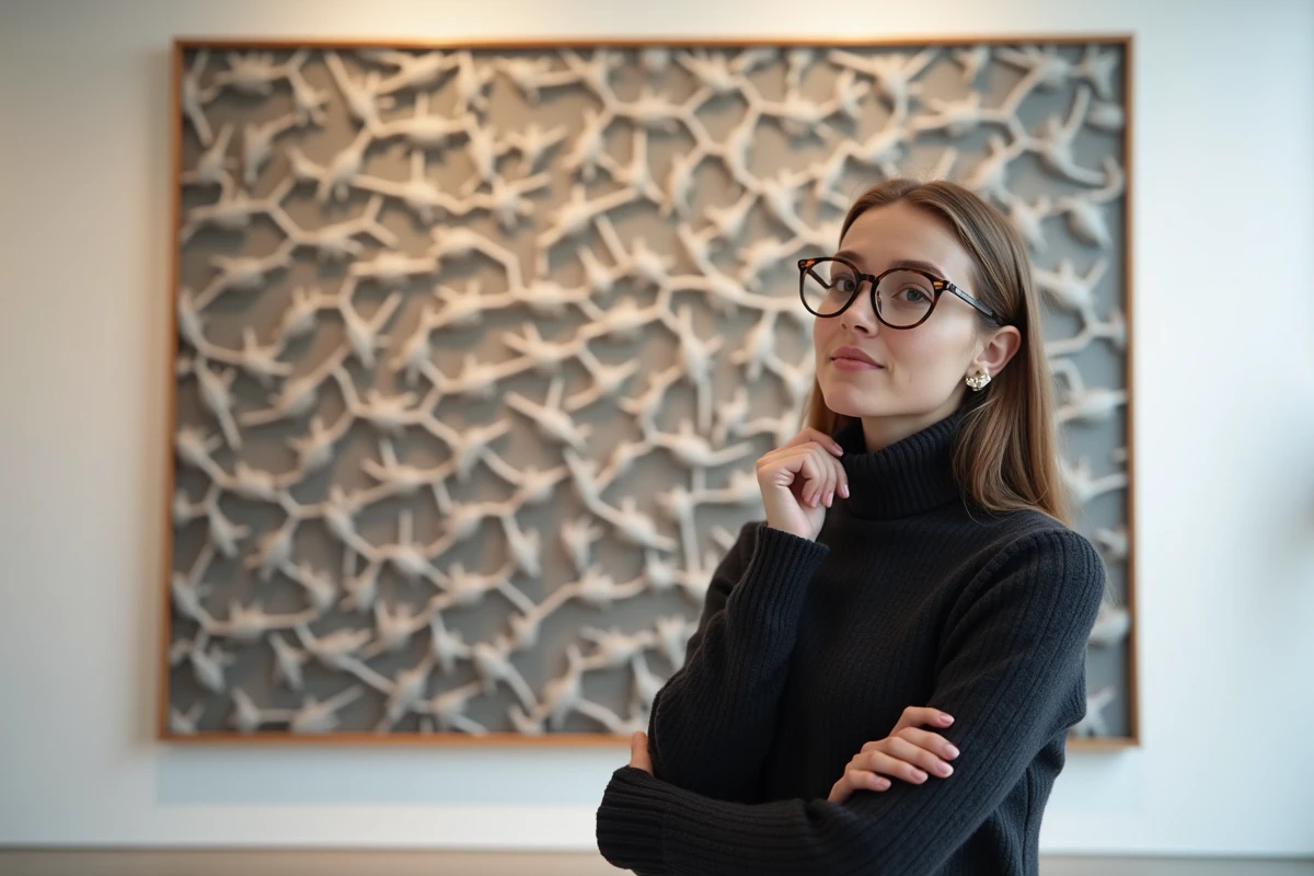 Femme contemplant une reproduction d'œuvre d'Escher aux tessellations d'oiseaux et poissons dans une galerie d'art moderne