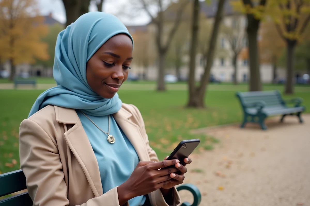 Jeune femme consultant les horaires de prière sur smartphone dans un parc d'Argenteuil