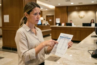 Femme consultant un itinéraire de voyage avec des horaires AM et PM à la réception d'un hôtel