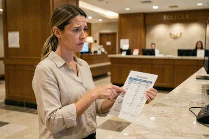 Femme consultant un itinéraire de voyage avec des horaires AM et PM à la réception d'un hôtel