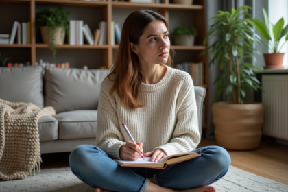 Femme en knitwear écrivant dans un journal cosy