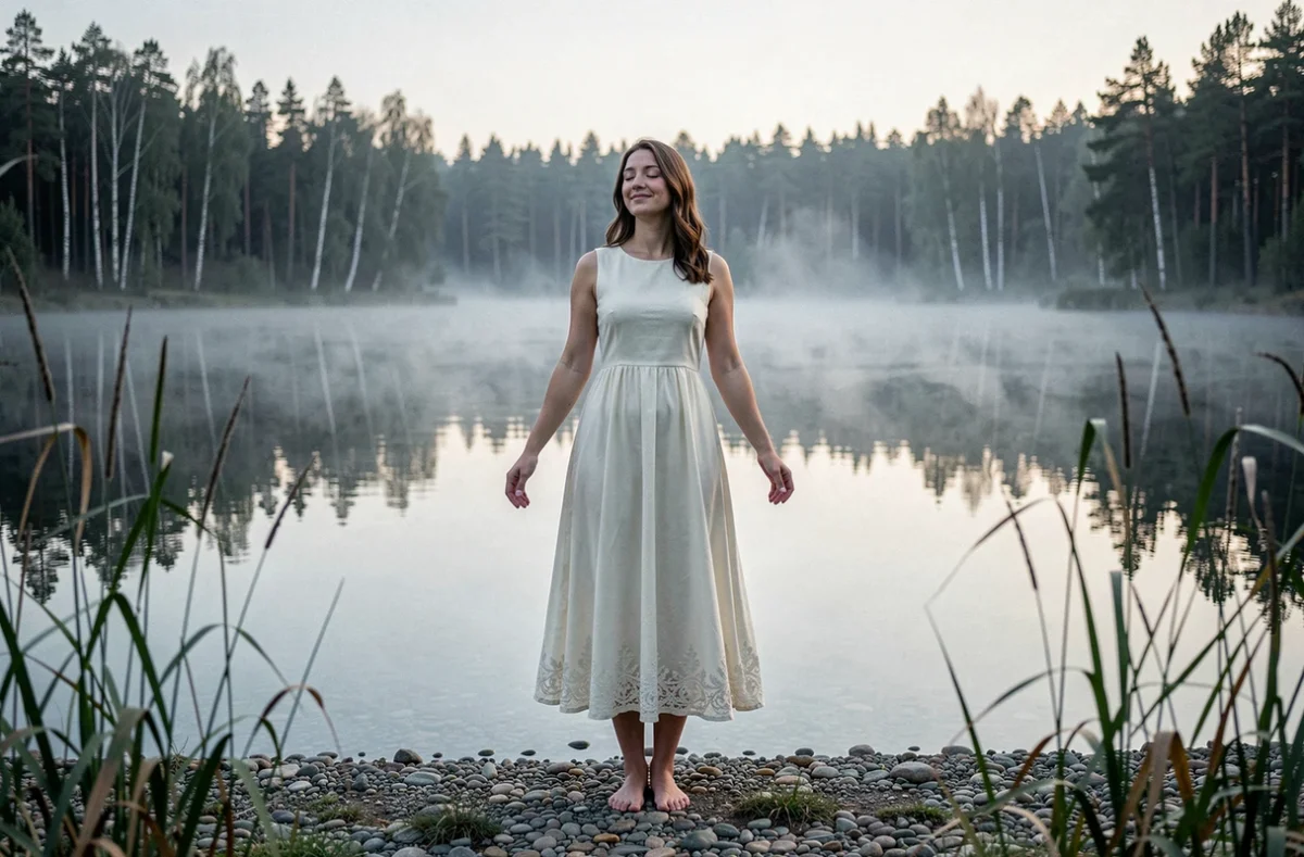 Jeune femme en robe ivoire au bord d'un lac calme au crépuscule, évoquant la gratitude et l'éveil d'une âme karmique positive