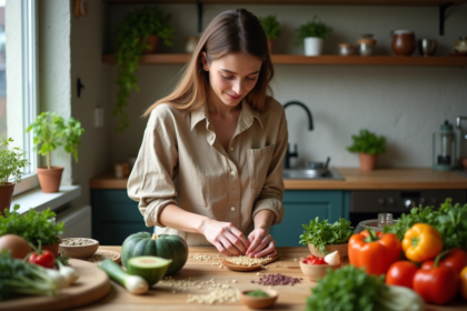 Femme arrangeant légumes frais dans une cuisine écologique
