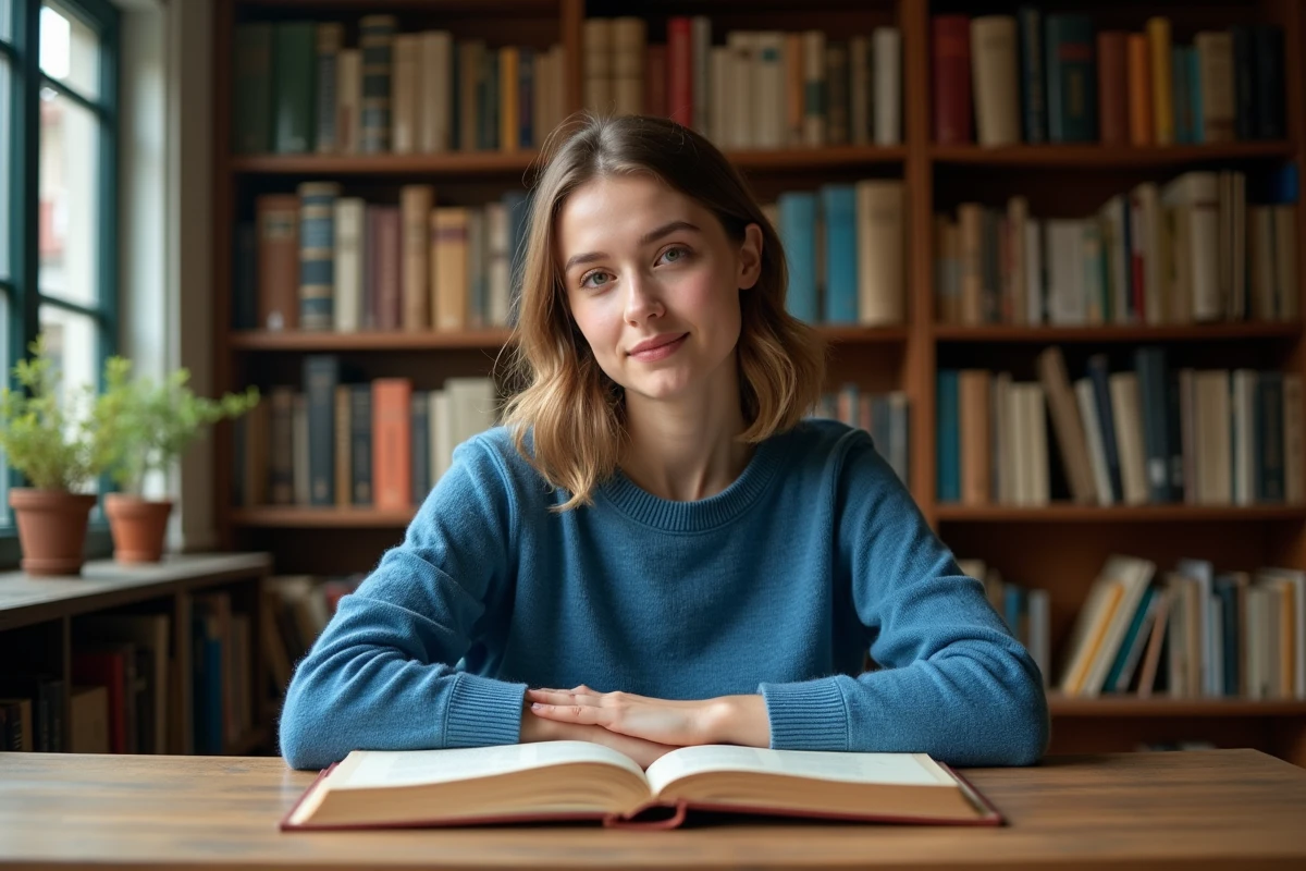 Jeune femme lisant deux livres sur l'alphabet français et latin