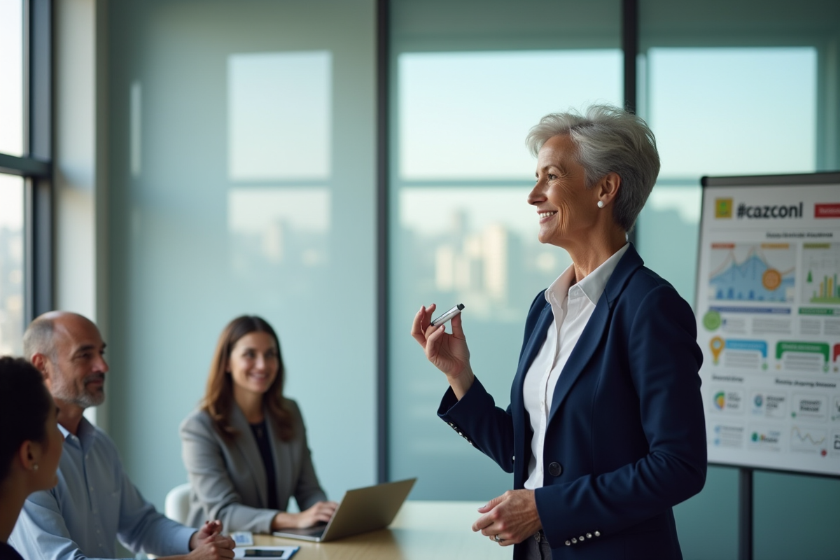 Manager femme en présentation avec tableau coloré