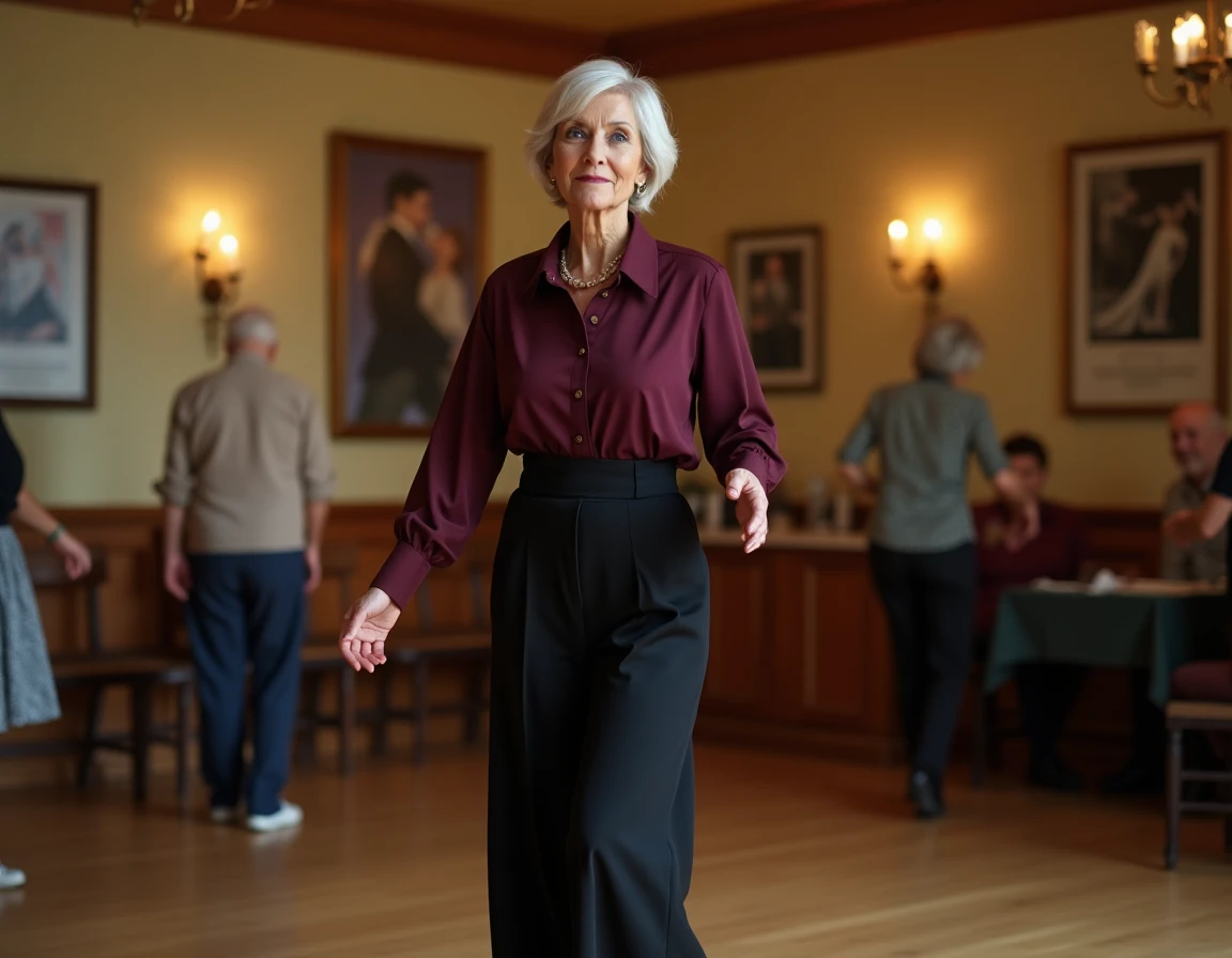 Femme mature aux cheveux argentés prête à danser avec assurance dans une salle communautaire conviviale